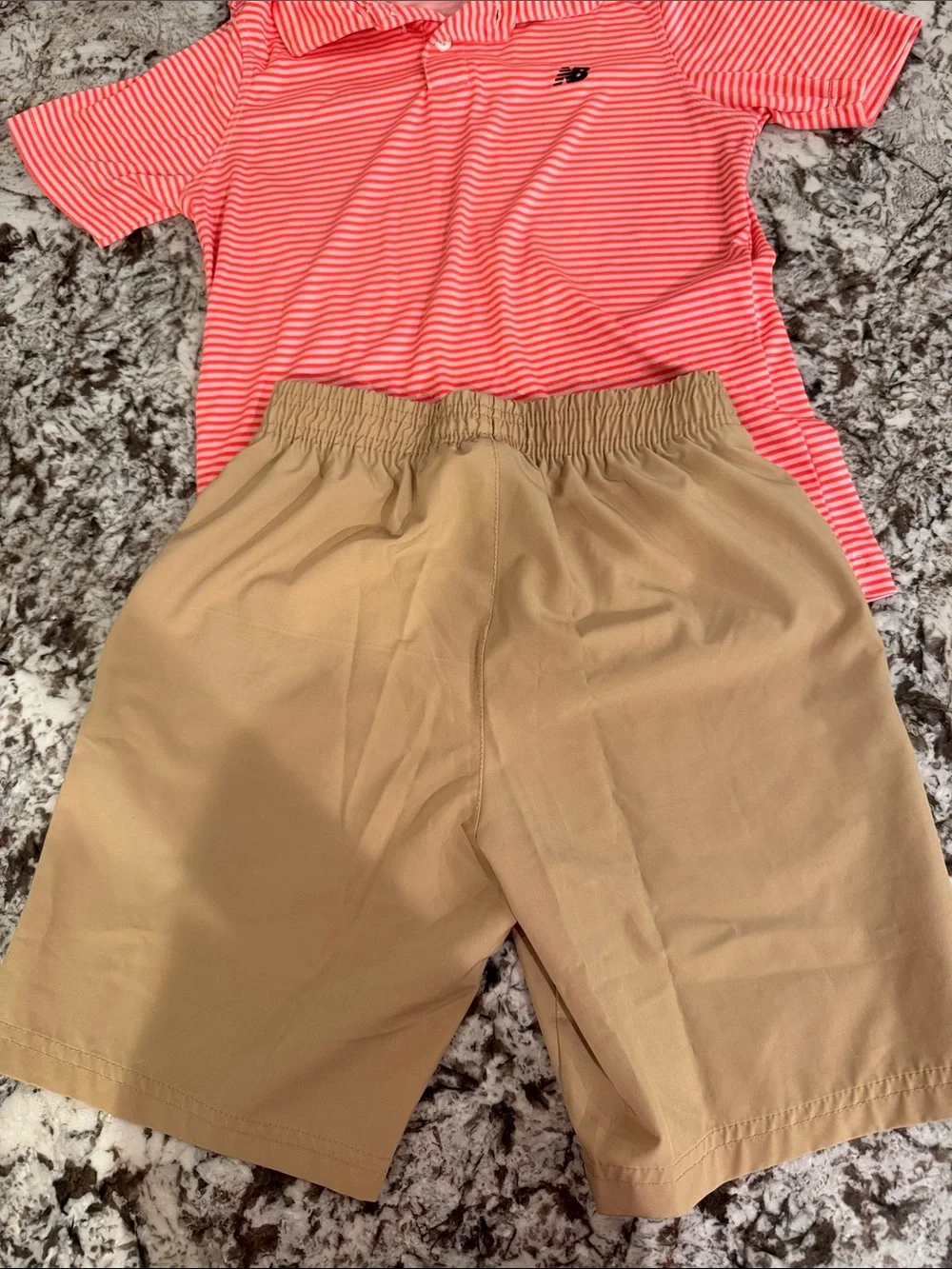 New Balance Coral & White Striped Polo with Khaki Shorts Set performance fabric